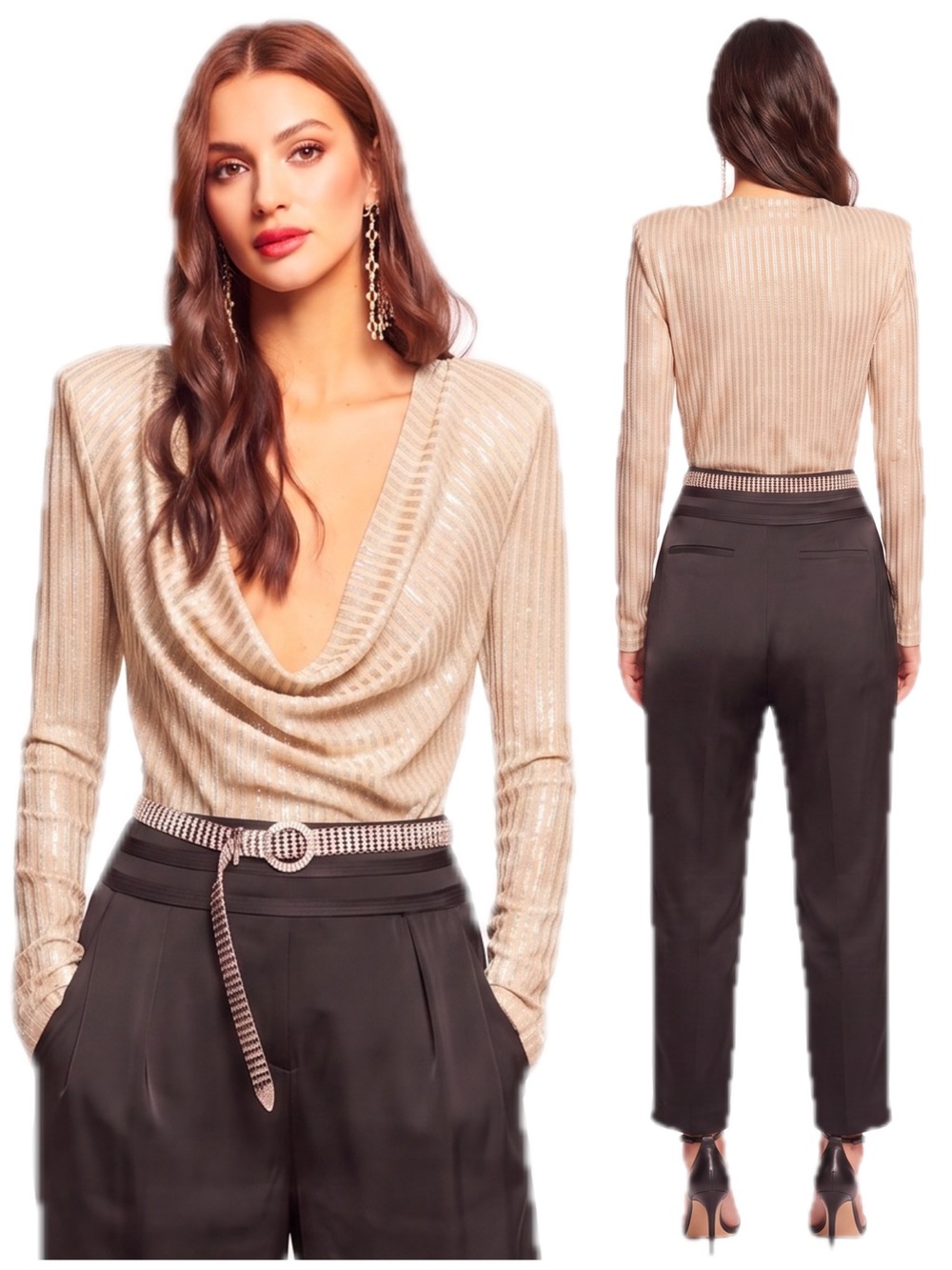 Ramy Brook Carolina Metallic Ribbed Long Sleeve Draped Cowl Neck Top NWT $325